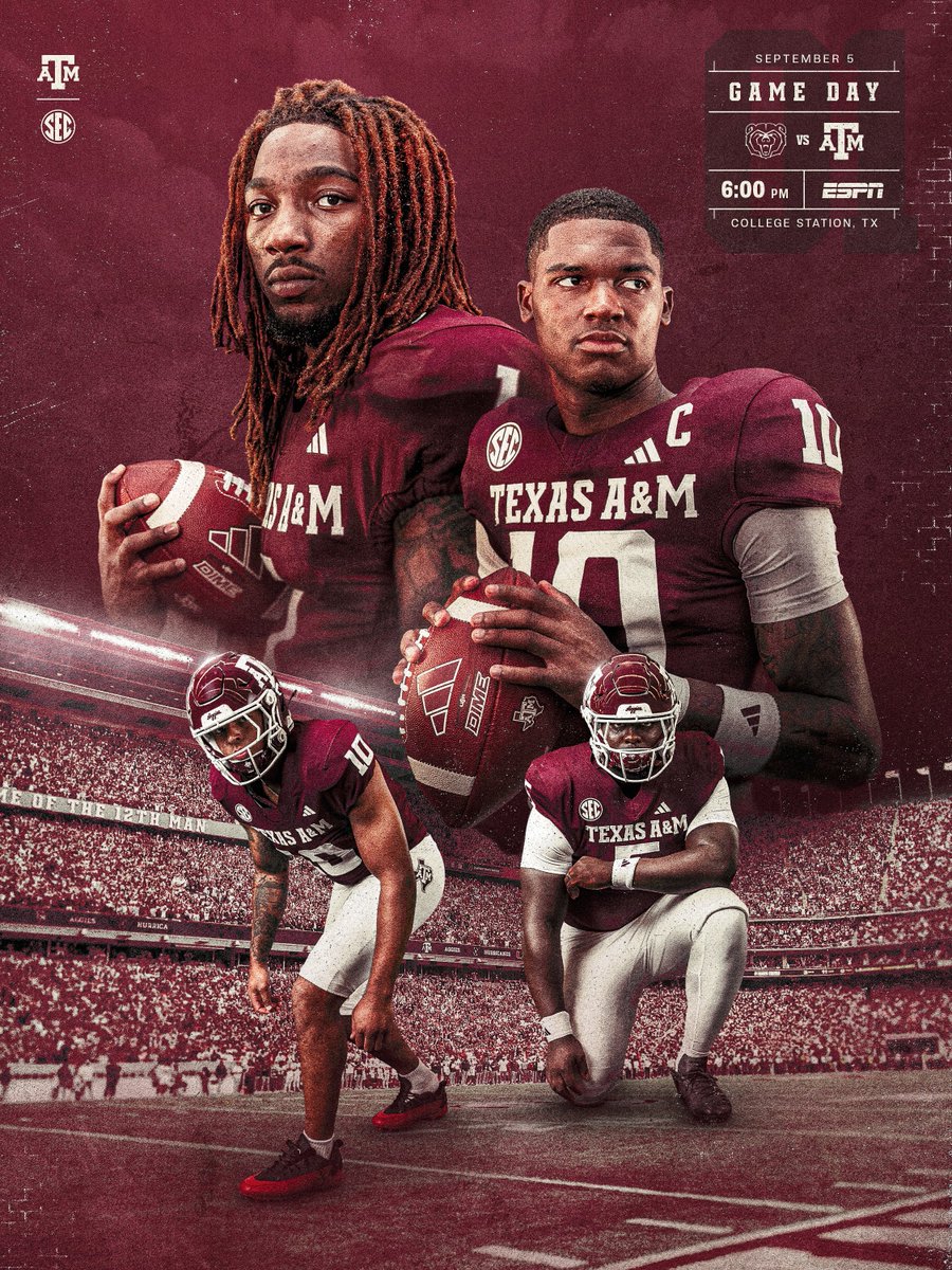 AggieFootball's tweet photo. Game Day in Aggieland👍

📍: Kyle Field
⏰: 6:00 p.m. CT
📺: ESPN

 #GigEm | #BTHOmissouristate https://t.co/0MRGzvCwLc