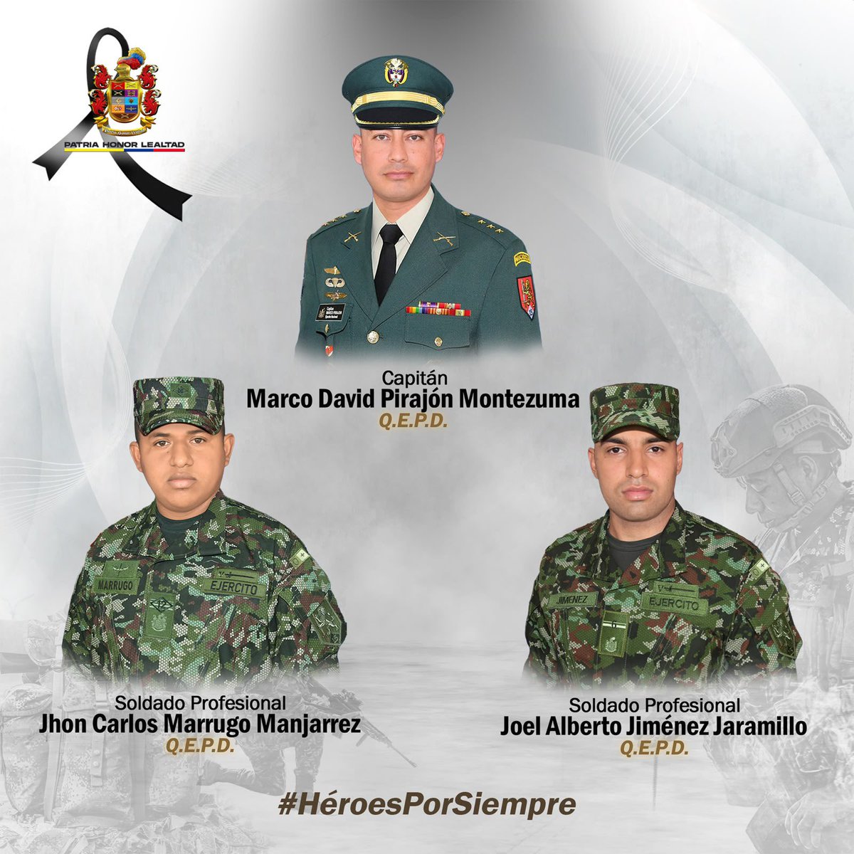 COL_EJERCITO's tweet photo. #ComunicaciónOficial | Con profundo dolor, despedimos a nuestro capitán Marco David Pirajón Montezuma, al soldado profesional Joel Alberto Jiménez Jaramillo y al soldado profesional John Carlos Marrugo Manjarrez, quienes entregaron sus vidas por #Colombia y hoy son #HéroesPorSiempre.

Su sacrificio deja una herida en la familia del Ejército Nacional. A sus seres queridos, amigos y compañeros les expresamos nuestra solidaridad y acompañamiento en este difícil momento.

Sus vidas y su servicio a la Nación permanecerán por siempre en nuestra memoria. Su partida no nos detiene: con honor y firmeza, seguiremos cumpliendo nuestra misión y defendiendo a los colombianos.

Honramos su memoria, su entrega y su legado.

#PatriaHonorLealtad