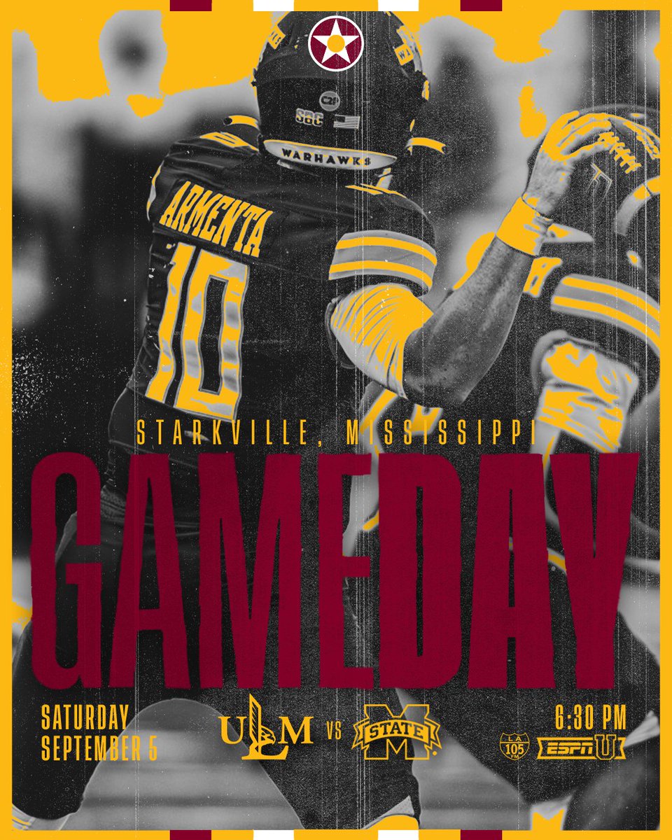 ULM_FB's tweet photo. Game 1.

🆚 Mississippi State
⏰ 6:30 pm
📍 Starkville, MS
📺 ESPNU | https://t.co/ZiQbGUjgec
📻 KLIP 105.3 FM | https://t.co/9hEUTeLY7d https://t.co/YJR4aGgq0v