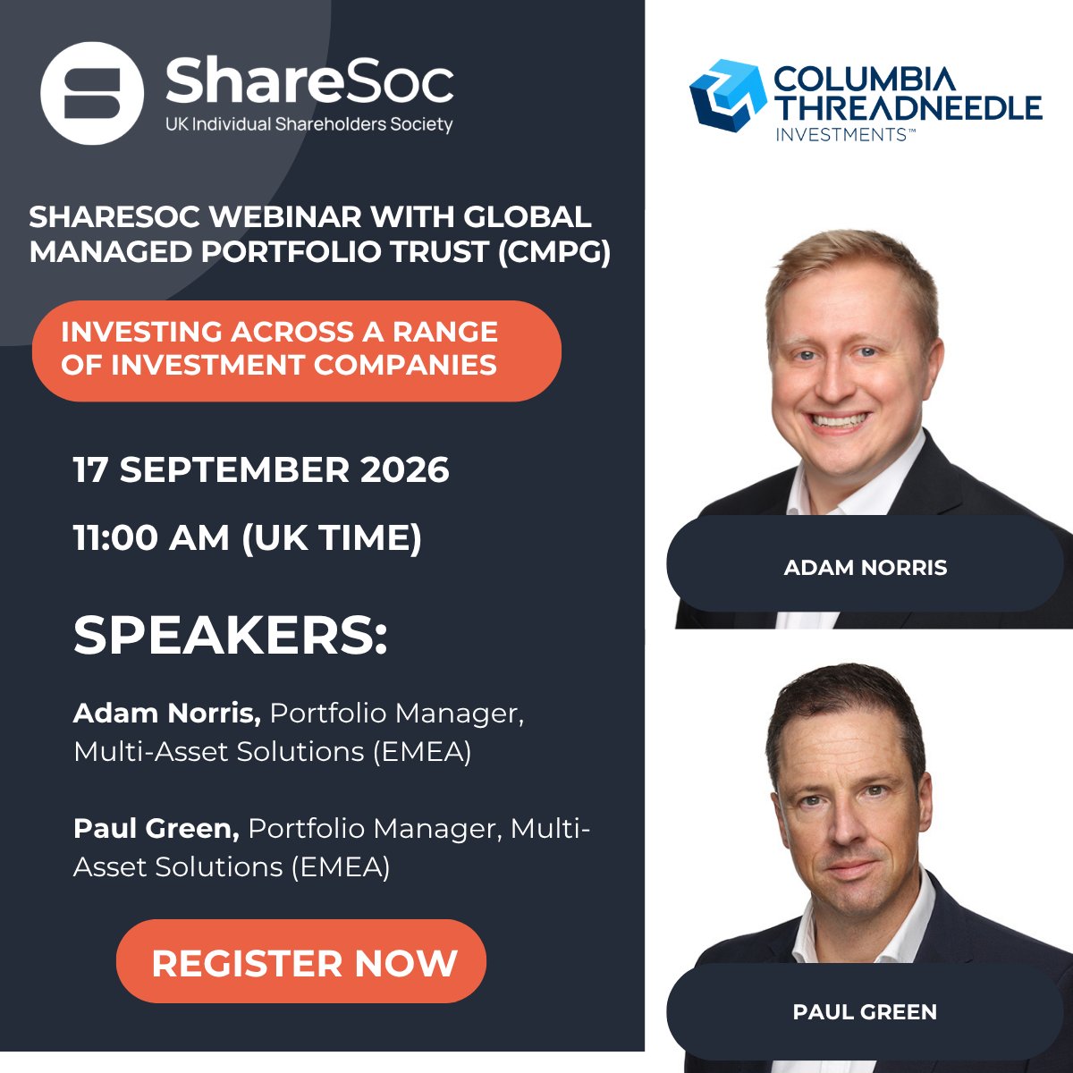 ShareSocUK's tweet photo. Could a multi-manager approach have a place in your portfolio?

Join Adam Norris and Paul Green, Portfolio Managers at Columbia Threadneedle, for a ShareSoc webinar on CT Global Managed Portfolio Trust (CMPG).

Register: https://t.co/KfcMTOTTKY https://t.co/B3ZJhh2JrS