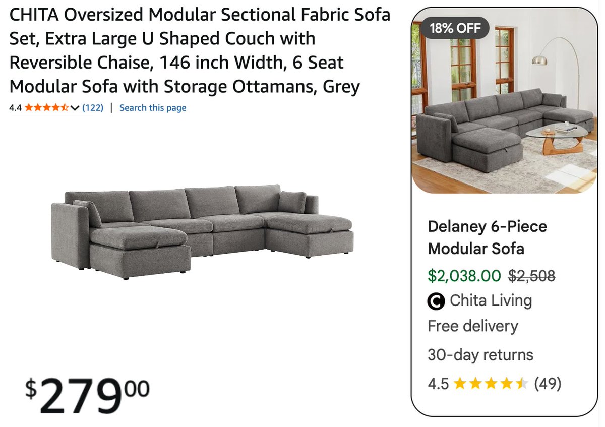 GlitchedDeals's tweet photo. PRICE ERROR ON HUGE SECTIONAL SOFA

$2,038 Chita modular sofa drops to $279 at Amazon

https://t.co/FMTrdHjE0f

Full price at official retailer, price won't last

Third party seller, backed by Amazon's money back guarantee https://t.co/AtGq7n0yIE