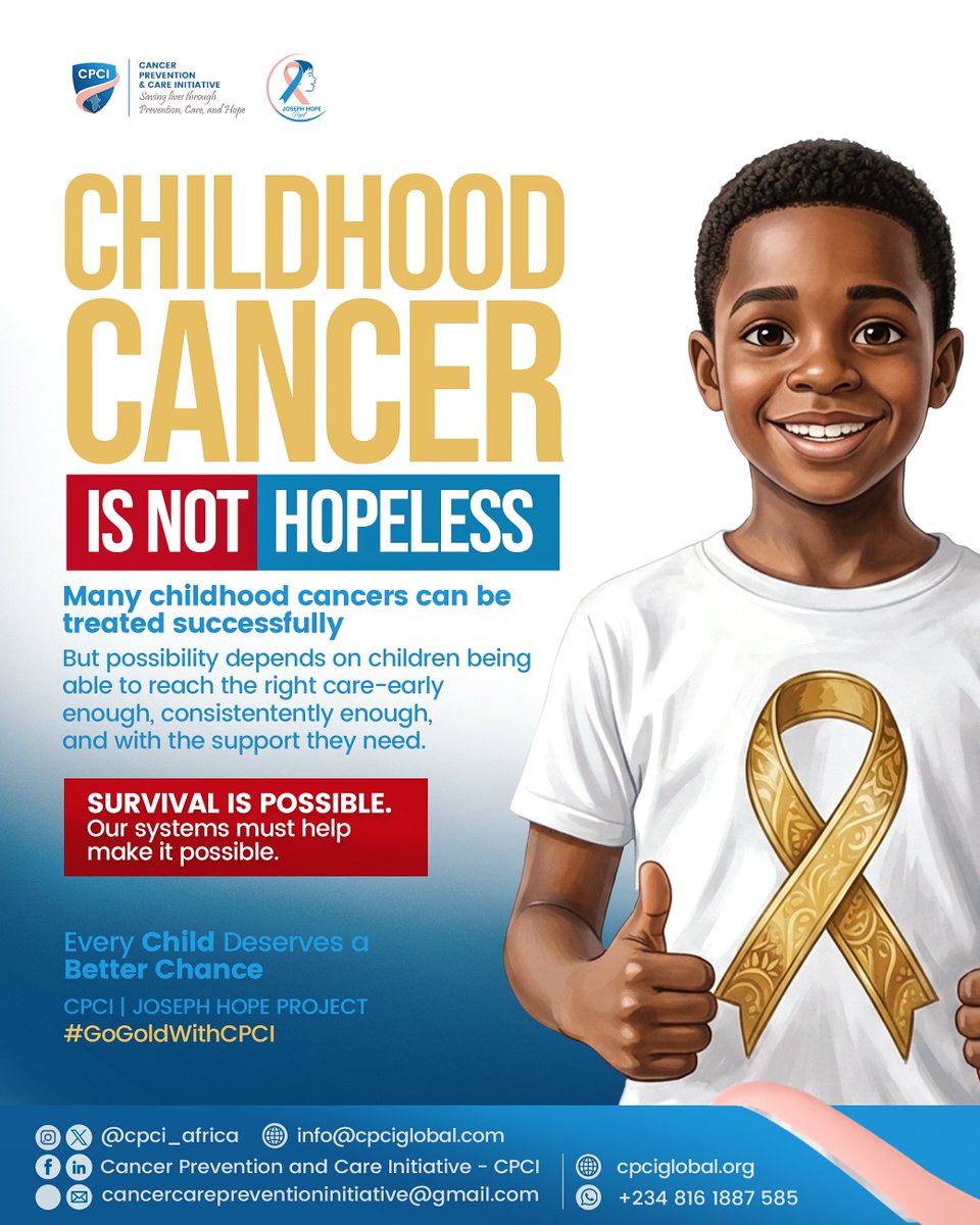 cpci_africa's tweet photo. Childhood cancer is not hopeless
Many childhood cancers can be treated successfully, but that possibility is not equally available all over
Timely diagnosis. Appropriate treatment. Stronger systems.
Survival is possible. Our systems must help make it possible.
#GoGoldWithCPCI https://t.co/2tc3QfLKcZ