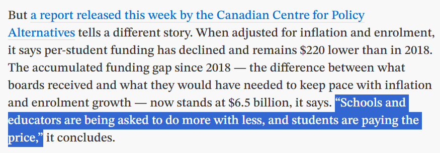 jillpromoli's tweet photo. This piece says it all: it's funding, and families know it. I'm a parent and have had kids in school since 2014. Talking to friends, family and neighbours with kids in school, everyone sees it.

Funding isn't keeping up with inflation and our kids pay the price. #onted #onpoli https://t.co/p6CupZIJOx