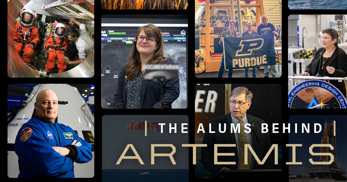 This collage features individuals associated with Purdue University, including people in astronaut gear, holding a Purdue banner, and dressed in formal attire. The central text reads "The Alums Behind Artemis," with an image of a rocket launch at the bottom.