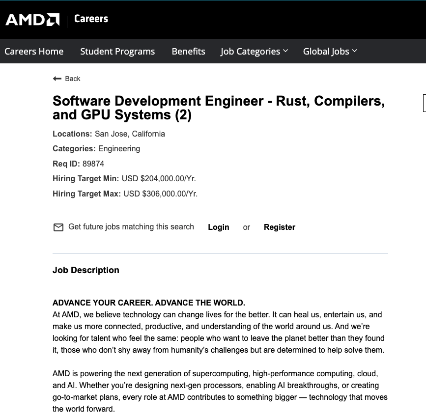 rustaceans_rs's tweet photo. Software Development Engineer - Rust, Compilers, and GPU Systems (2)

> AMD is hiring a Rust systems expert to build compilers, runtimes, and low-level GPU software that make Rust production-ready across their hardware stack. https://t.co/sIORkZBaGZ