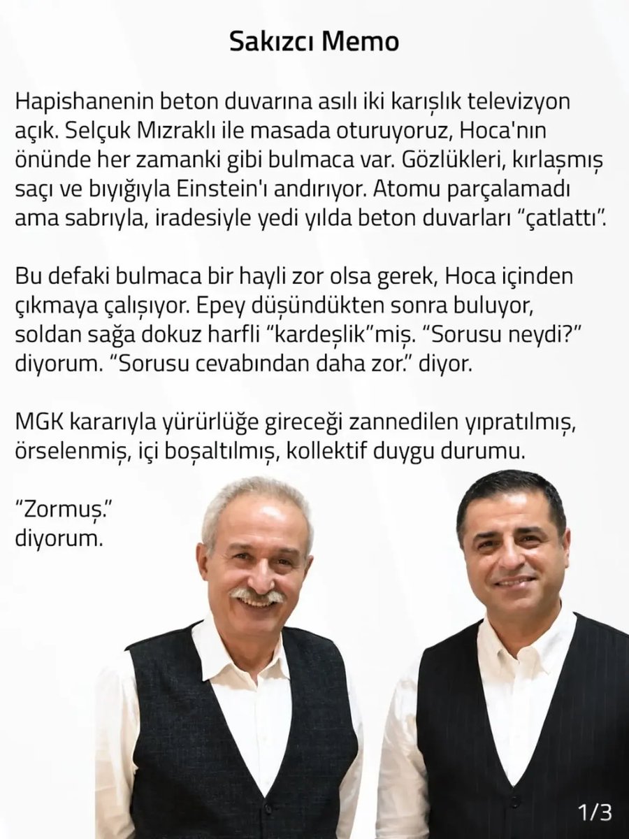 tnchaber's tweet photo. Yaklaşık 10 yıldır cezaevinde tutuklu bulunan HDP eski Eş Genel Başkanı Selahattin Demirtaş, 4,5 yıldır birlikte hapis yattığı Diyarbakır eski Büyükşehir Belediyesi Eş Başkanı Selçuk Mızraklı'nın salı günü tahliye olacağını duyurdu. https://t.co/cwV3WjCmjf
