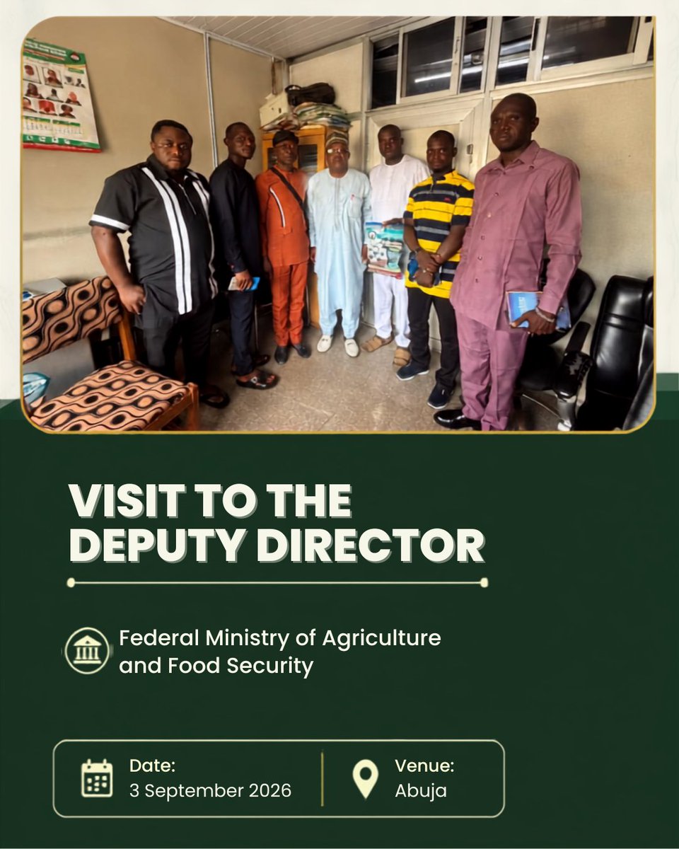 NABSFIPPMN's tweet photo. Our team visited the office of the Deputy Director, Federal Ministry of Agriculture, Abuja, to discuss NABSFIPPMN and our vision for the growth of the BSF industry in Nigeria.

📅 4 Sept. 2026

#NABSFIPPMN #BSFNigeria https://t.co/fBINKxONpS