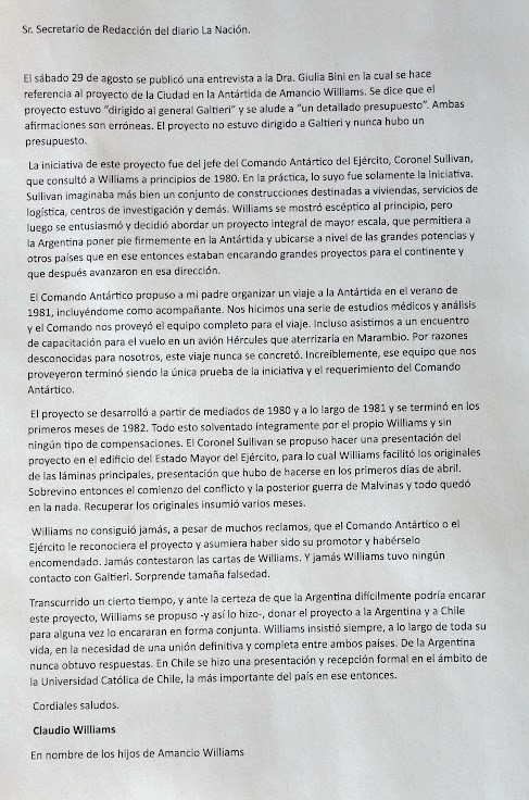 PabloPwilliamsg's tweet photo. Carta de los hijos de Amancio Williams al diario 
La Nación sobre la falsa información acerca del
proyecto de la Ciudad en la Antártida del arquitecto: https://t.co/w5YXcAxUPW