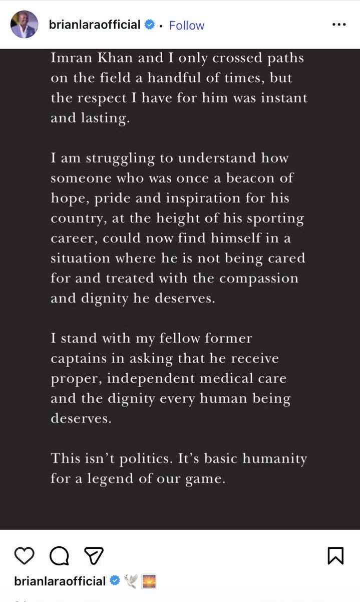 sufisal's tweet photo. West Indies Champion Batsman Brian Lara joins the Tsunami of Cricket Captains and Champions who are making a vociferous humanitarian appeal for their incarcerated brother and legend, @imrankhanpti https://t.co/sTuXFkPfxW