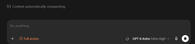 adlerogop's tweet photo. soo , why is astra compacting context infinitely and its stuck on it? @OpenAI @thsottiaux https://t.co/gCfcMNNwRC