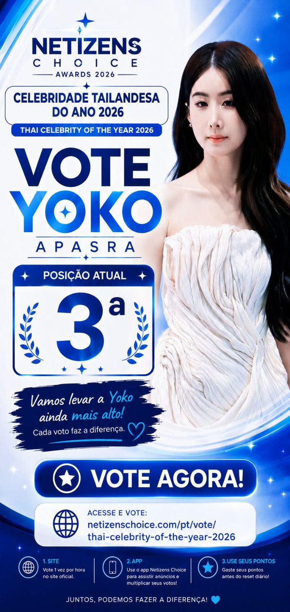 FCYokoApasraBR's tweet photo. Celebridade Tailandesa do Ano 2026

ESTAMOS NO PÓDIO! 🏆🇹🇭
Yoko Apasra ocupa atualmente a 3ª posição entre as celebridades tailandesas!

Estamos cada vez mais perto do topo, mas agora é hora de intensificar o foco e não desacelerar. 🔥

💻 Pelo site, deixe seu voto a cada hora.
https://t.co/R0oMFsTcXf

📱 Pelo aplicativo oficial, aproveite os votos ilimitados
IOS:https://t.co/qzzxC9gGt9 
Android:https://t.co/7unWmHPTHN 

Vamos transformar toda essa força em números e lutar juntos pelo 1º lugar! 👑��

YOBIES, BIES VAMOS BUSCAR O TOPO! 🚀

#ACOTY2026 
#YokoApasra 
#โยโกะอาปัสระ