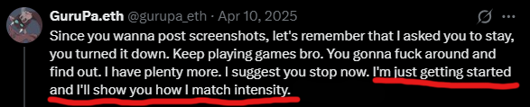 MoonbatsCurse's tweet photo. Hey @gurupa_eth I thought you were going to match my intensity. I guess you BLOCKING me means you gave up and can't match the intensity. What are your thoughts @MoonBatsMFC @ACEBLVZER https://t.co/qAwSayQGSq