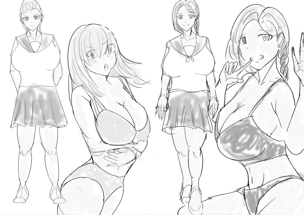 Yu_gotoshi's tweet photo. 全身サイズ感とウェストアップ2
キャラ付の練習
1枚目
左：ギャル体型太め、遠視なので家では眼鏡。
右：糸目、目のリフトアップテープ他で身元バレ防止。
2枚目
左：トサカヤンキー、髪型と眼光で人を威圧できると思っている。
右：おっとり。話は相槌打っているだけで自身の話はしたくない。 https://t.co/hJAjeYTdaz