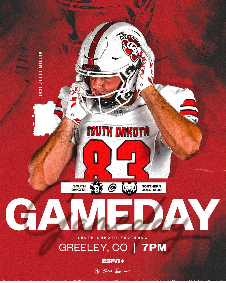 SDCoyotesFB's tweet photo. 🗣️ GAME DAY! 

🆚 » at Northern Colorado
📍 » Greeley, Colo.
⏰ » 6:00 PM (MT) / 7:00 PM (CT) 
📺 » ESPN+
📊 » https://t.co/8uwSGpGCjp
📻 » https://t.co/Mfiwwt7nyl

#GoYotes https://t.co/QGjyscCWOP