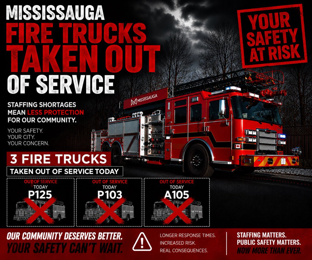 IAFF1212's tweet photo. 🚨 3 FIRE TRUCK OUT OF SERVICE TODAY DUE TO STAFFING SHORTAGES🚨

Every truck taken out of service means fewer resources available when emergencies happen. Residents deserve to know when frontline emergency response capacity is reduced.

This is about your safety.

#Mississauga https://t.co/yAUnYxJuIp