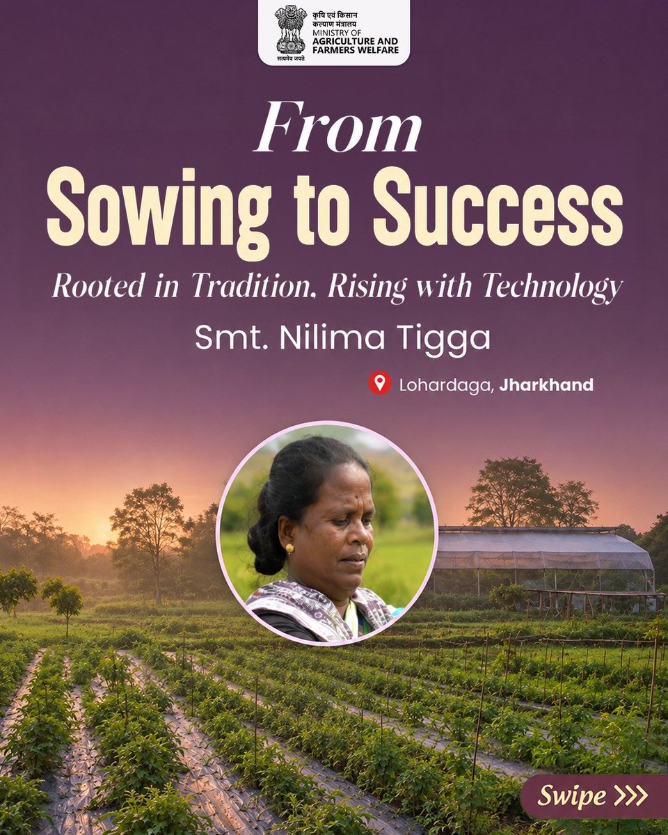 AgriGoI's tweet photo. From embracing new farming techniques to becoming a trusted guide for fellow farmers, Smt. Nilima Tigga’s journey reflects the power of knowledge, innovation and perseverance. Her success is not just measured in higher returns, but in the confidence and opportunities she has helped cultivate for others around her.

Have a farming success story to share? Write to us at:  agrisoical8@gmail.com

#SuccessStory #WomenFarmers #FarmersFirst #Agriculture #ATMA #KVK #SustainableAgriculture #RuralDevelopment #Jharkhand #InspiringFarmers