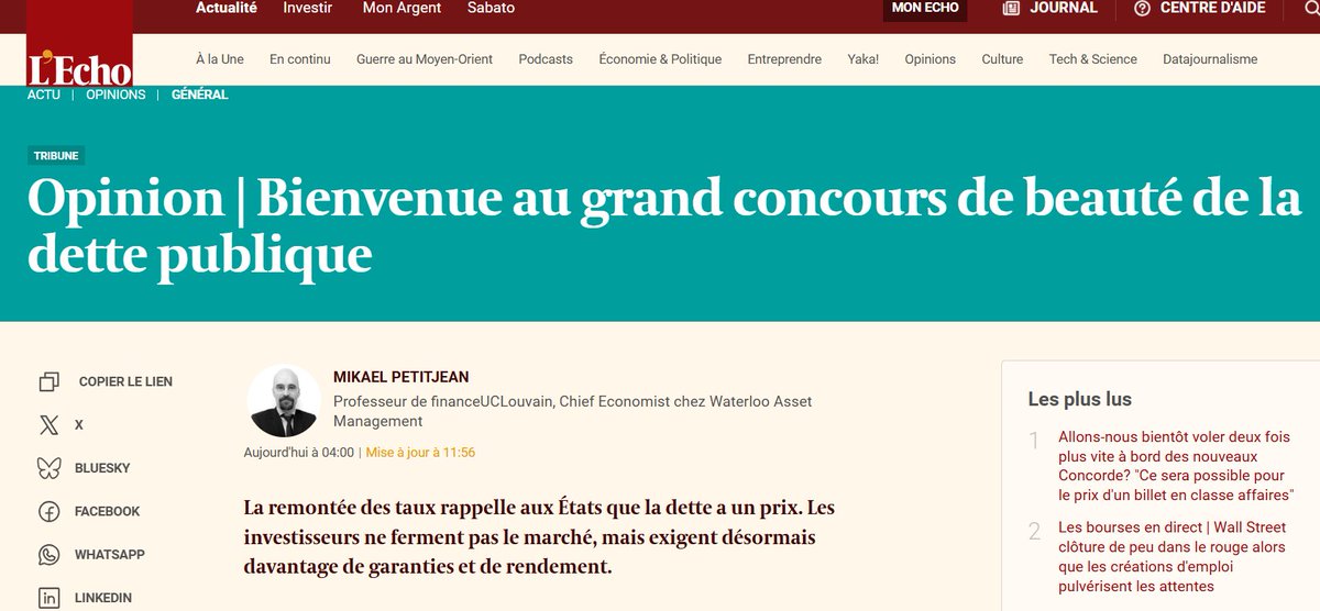 mjkp1973's tweet photo. Bienvenue au grand concours de beauté de la dette publique. (Dernier article de presse, texte ci-dessous). 

Le plus grand concours de beauté au monde se tient chaque jour sur le marché obligataire, mais il est unique en son genre: les concurrents tiennent moins de la sculpture antique que du buste replet.

Les États souffrent presque tous d’un sérieux embonpoint. La bonne nouvelle, c’est qu’ici il n’y a nul besoin de resplendir. Il suffit d’être moins laid que les autres.

La dette publique a retrouvé un prix. Pendant plus d’une décennie, les États ont vécu sur l’idée d’une épargne mondiale abondante et de banques centrales prêtes à absorber, au besoin, une part importante des émissions.

La dette retrouve un prix

L’évolution récente des taux n’arrange rien. Le Treasury à trente ans a dépassé 5,3 %, au plus haut depuis 2007. Le Bund à dix ans a franchi 3,27%, record en quinze ans, et le taux français a passé 4,1%, comme en 2008. Devrait-on y voir les prémices d’une crise des dettes souveraines? Seuls les gourous aiment répondre à ce genre de question, tant les économistes de salon se trompent.

Il se passe quelque chose de plus prosaïque: la dette publique a retrouvé un prix. Pendant plus d’une décennie, les États ont vécu sur l’idée d’une épargne mondiale abondante et de banques centrales prêtes à absorber, au besoin, une part importante des émissions. La crise sanitaire a poussé cette logique jusqu’au bout: la BCE a retiré du marché une masse considérable d’obligations, conservées jusqu’à échéance puis réinvesties. Le coût immédiat était neutralisé; la dette, elle, n’avait pas disparu. Elle revient aujourd’hui peser de tout son poids.

Les États doivent refinancer des dettes contractées à des taux proches de zéro tout en payant le vieillissement, la défense, l’énergie et les infrastructures.

Beaucoup de vendeurs face à des acheteurs plus exigeants

Les États doivent refinancer des dettes contractées à des taux proches de zéro tout en payant le vieillissement, la défense, l’énergie et les infrastructures. L’Allemagne elle-même a rompu avec sa retenue: ses émissions pourraient atteindre 400 milliards d’euros en 2027, et Barclays anticipe 1.540 milliards d’émissions brutes pour la zone euro l’an prochain.

Au même moment, la BCE laisse s’éteindre son portefeuille sans le remplacer. Davantage de papier doit donc trouver preneur chez les investisseurs privés. Aux États-Unis, s’ajoute la soif des hyperscalers qui bâtissent les centres de données de l’intelligence artificielle. Ce n’est pas la cause principale de la hausse des taux souverains, mais l’offre de dette longue s’alourdit au moment précis où le Trésor emprunte massivement.

Les acheteurs ne font pourtant pas grève: les adjudications trouvent preneur. Ils exigent simplement d’être mieux payés. C’est une hausse rationnelle du coût de la dette. Les initiatives de Scott Bessent se lisent dans ce cadre. Le Trésor a doublé, à 4 milliards de dollars par opération, ses rachats de titres longs devenus peu liquides. Rapportés aux 32.000 milliards de dette détenue par le public, ces montants pèsent peu.

Toutes les dettes ne se valent pas. Un emprunt qui finance une infrastructure productive ou une université performante n’a pas la même qualité qu’une dette contractée chaque année pour couvrir des dépenses courantes.

Très endettée, toujours irrésistible

Les finances publiques américaines ne sont pas saines. La dette fédérale brute vient de franchir 40.000 milliards de dollars. Le Congressional Budget Office prévoit pour 2026 un déficit de 1.900 milliards, soit 5,8% du PIB, et encore 2,6% hors intérêts.

La dette détenue par le public atteint 101 % du PIB et pourrait toucher 120% en 2036. Les intérêts nets en absorbent déjà 3,3%, peut-être 4,6% dans dix ans. Et pourtant les capitaux affluent vers les emprunts d'État américains. Le dollar et la profondeur unique du marché américain expliquent une part de ce paradoxe. Reste la variable que certains Européens feignent d’ignorer: la capacité d’une économie à produire demain davantage et mieux.

Le privilège américain, c’est aussi la productivité
Toutes les dettes ne se valent pas. Un emprunt qui finance une infrastructure productive ou une université performante n’a pas la même qualité qu’une dette contractée chaque année pour couvrir des dépenses courantes. La soutenabilité tient moins au montant qu’au contenu en croissance.

Un point de productivité de plus chaque année pendant vingt ou trente ans transforme le PIB, les revenus, les recettes fiscales, et donc la capacité à servir une dette.

La comparaison transatlantique en devient embarrassante. Entre 1995 et 2024, la productivité horaire a progressé de 63% aux États-Unis, contre 25,5% en France et en Belgique; le niveau européen ne représente plus que les trois quarts du niveau américain en parité de pouvoir d’achat. Rien de théorique là-dedans: un point de productivité de plus chaque année pendant vingt ou trente ans transforme le PIB, les revenus, les recettes fiscales, et donc la capacité à servir une dette.

L’IA illustre bien le paradoxe. À court terme, elle dispute au Trésor l’épargne disponible. À long terme, si les gains espérés se matérialisent, elle rendra la dette américaine plus supportable. Rival aujourd’hui, allié possible demain.

Rien n’est gagné d’avance

La mécanique est pourtant simple à comprendre: lorsque le taux d’intérêt effectif dépasse durablement la croissance nominale, un État très endetté doit dégager un excédent primaire pour stabiliser son ratio. Plus la croissance est faible et la dette lourde, plus l’effort devient rude.

Aucun État ne fait longtemps l’économie d’une restructuration douloureuse lorsqu’il cumule une dette élevée et une productivité qui stagne.

Ne dramatisons pas la hausse des taux; ne la banalisons pas davantage. Les marchés rappellent seulement que le capital n’est pas illimité et que son prix dépend de la confiance accordée à l’emprunteur.
Tant qu’une économie dégagera plus de gains de productivité, d’investissement et de croissance que ses rivales, elle restera la moins affreuse de la bande, dont plusieurs membres feraient bien de s’interroger sur ce que produisent réellement leurs dépenses sociales. Car aucun État ne fait longtemps l’économie d’une restructuration douloureuse lorsqu’il cumule une dette élevée et une productivité qui stagne.

Mikael J. K. Petitjean
Chief Economist Waterloo Asset Management
Professeur extraordinaire (UCLouvain)