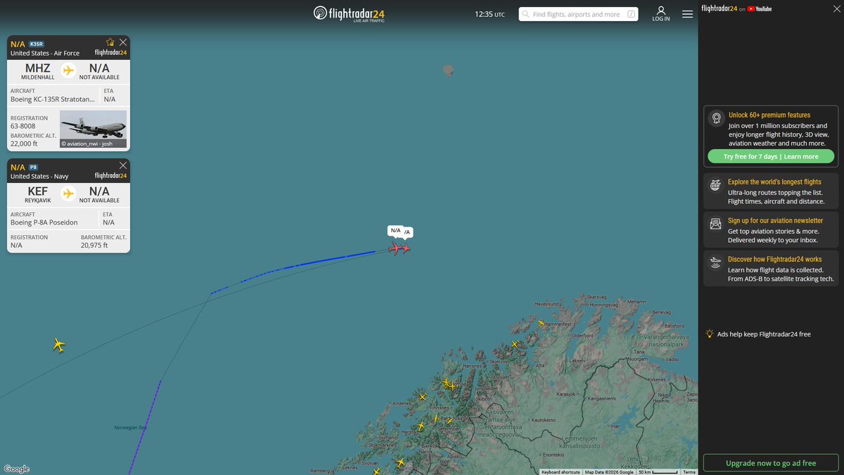 AIYeyENGDdJkjTr's tweet photo. Sept. 5, 2026
#Keflavík, Iceland ==>#Barents Sea #Murmansk offshore

#NoCALLSIGN #AE688D USN P-8A Poseidon 

Refueling 
#RAF Mildenhall ==> #Norwegian Sea 

#NoCALLSIGN #AE048A USAF KC-135R Stratotanker https://t.co/QRsH7T5ajJ