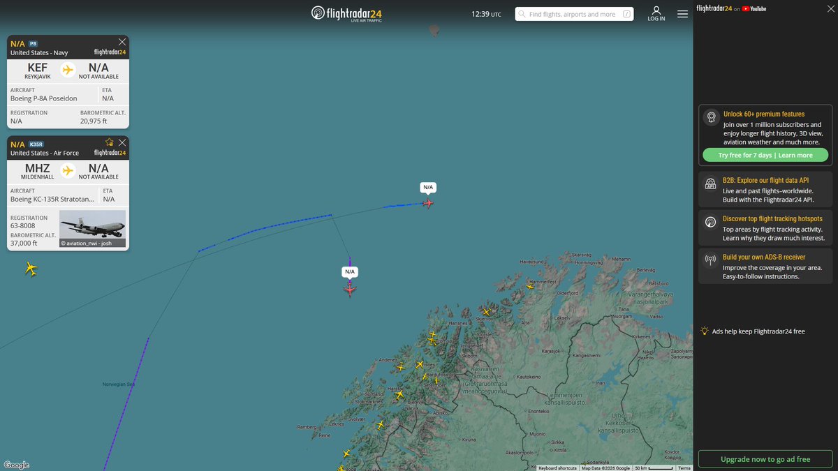 AIYeyENGDdJkjTr's tweet photo. Sept. 5, 2026
#Keflavík, Iceland ==>#Barents Sea #Murmansk offshore

#NoCALLSIGN #AE688D USN P-8A Poseidon 

Refueling 
#RAF Mildenhall ==> #Norwegian Sea 

#NoCALLSIGN #AE048A USAF KC-135R Stratotanker https://t.co/QRsH7T5ajJ