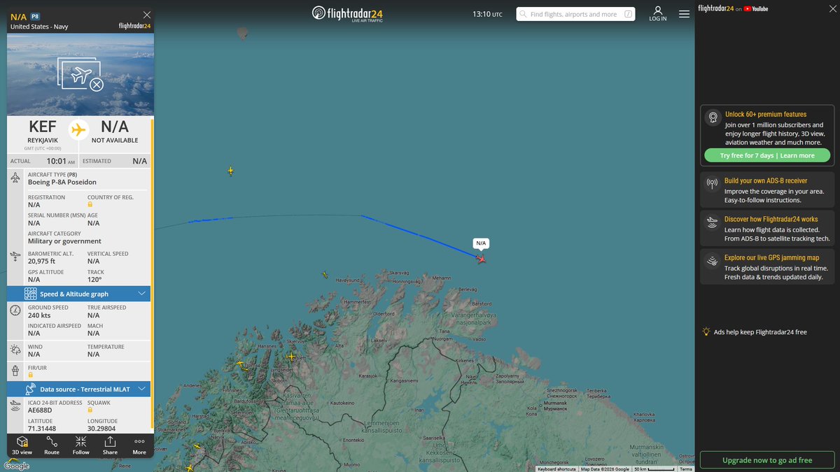 AIYeyENGDdJkjTr's tweet photo. Sept. 5, 2026
#Keflavík, Iceland ==>#Barents Sea #Murmansk offshore

#NoCALLSIGN #AE688D USN P-8A Poseidon 

Refueling 
#RAF Mildenhall ==> #Norwegian Sea 

#NoCALLSIGN #AE048A USAF KC-135R Stratotanker https://t.co/QRsH7T5ajJ