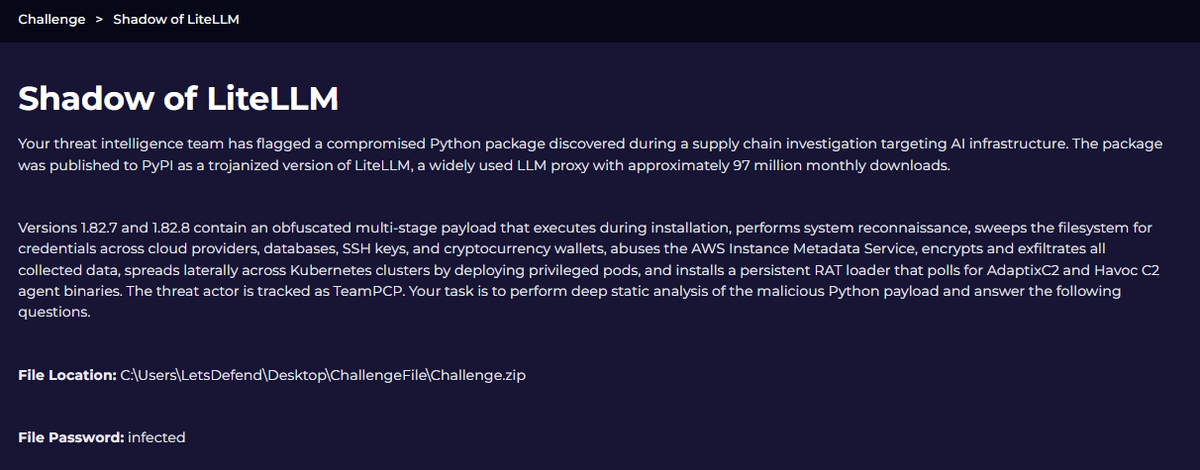 0xAshvin's tweet photo. One Python package. Multiple stages.
Credentials → Cloud → Kubernetes → Persistence → C2.
Just finished my static analysis of Shadow of LiteLLM, decoding its hidden Python payloads with CyberChef.

📄 Write-up &amp; IOCs: [https://t.co/rw3NyTvBYZ] https://t.co/wKuKCJ7uFE