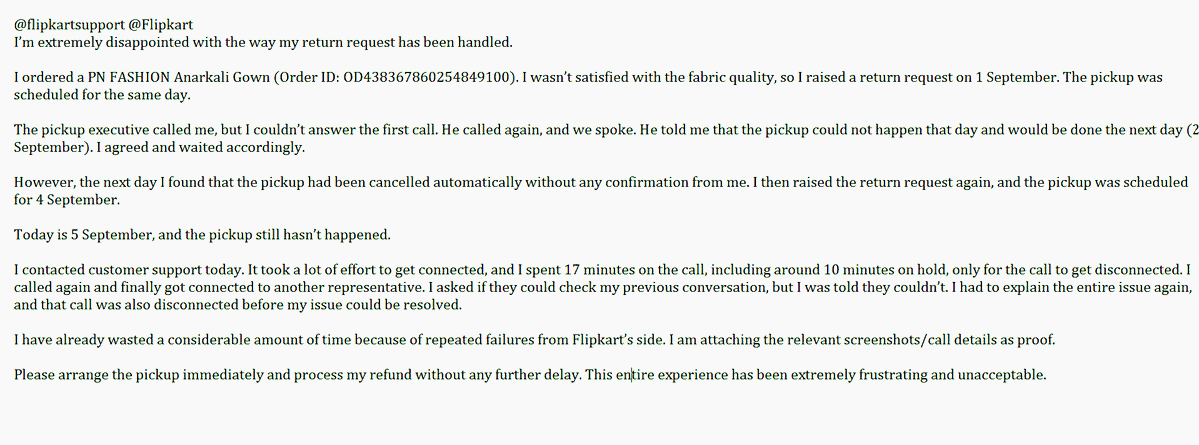 dhruvsaini83's tweet photo. @Flipkart @flipkartsupport This is not the level of customer service expected from Flipkart. I should not have to repeatedly contact support and explain the same issue because your pickup and support systems failed. Please resolve this urgently and confirm the pickup date. https://t.co/KtgnqABpYa