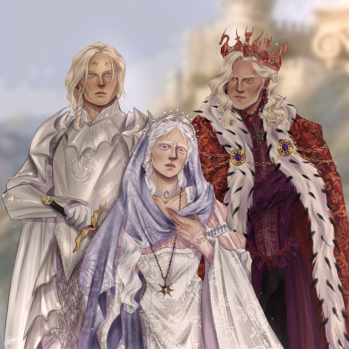thewweskywalker's tweet photo. “she might have been a septa if her lord father had allowed it. but he did not, and viserys instead wed her to aegon in 153 AC, with king aegon iii’s blessing. histories tell us aemon quarreled with aegon at the wedding feast, and that naerys wept during the bedding.”

#asoiaf https://t.co/2tY5IrAgQP