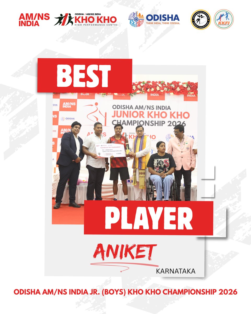 khokhohpc's tweet photo. THE NAME ON EVERYONE’S LIPS! 👑

Big moments demand big performances  and Aniket of Karnataka delivered.

He takes home the Best Player - Boys honour at the Odisha AM/NS India Junior Kho Kho Championship 2026.

The skill. The impact. The performance. The PLAYER. https://t.co/fCezobI0vw