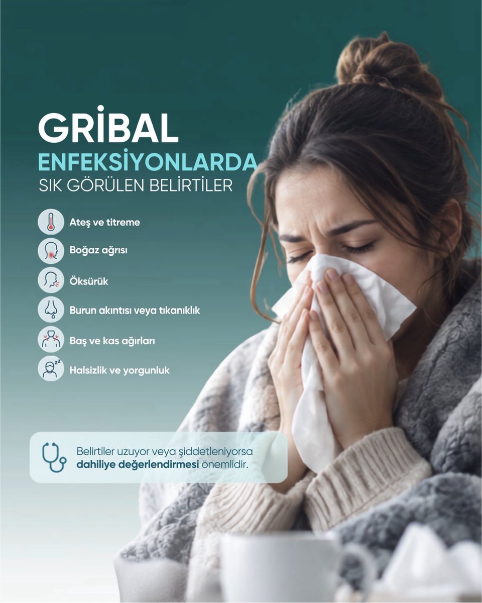 RamiHastane's tweet photo. Mevsim geçişlerinde gribal enfeksiyonlara dikkat!

Ateş ve titreme, boğaz ağrısı, öksürük, burun akıntısı veya tıkanıklık, baş ve kas ağrıları ile halsizlik; gribal enfeksiyonlarda sık karşılaşılan belirtiler arasındadır.

Belirtilerin uzun sürmesi veya şiddetlenmesi durumunda, altta yatan nedenin değerlendirilmesi ve uygun tedavi sürecinin planlanması için hekime başvurulması önemlidir.

@RamiHastane Dahiliye Polikliniği’nde sağlığınız için yanınızdayız.

*Bu içerikte stok destekli görsel materyallerinden faydalanılmıştır.