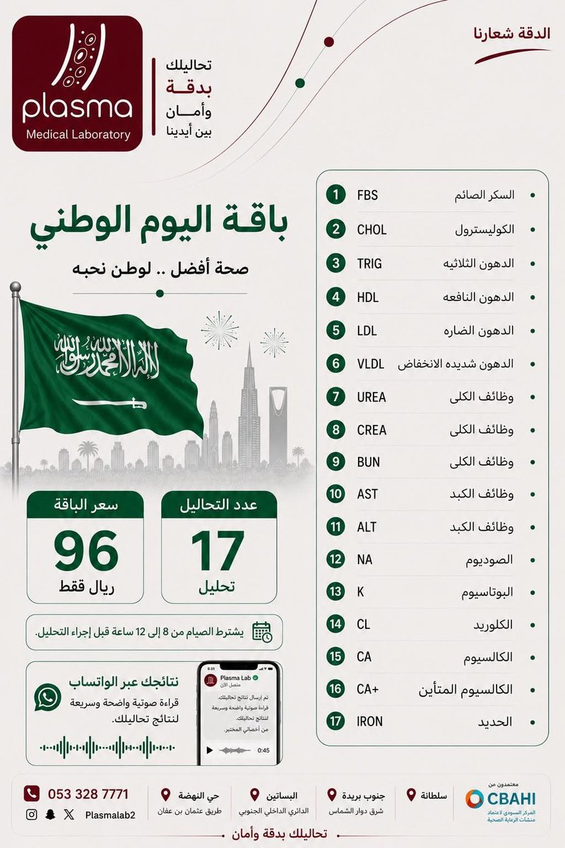 Plasmalab2's tweet photo. #مختبر_بلازما_الطبي

في خدمتكم من السبت إلى الخميس 
من 7صباحاً إلى 9 مساءاً 

#عروض_اليوم_الوطني🇸🇦

📞 للحجز: 0533287771 

📍 مواقع الفروع
- القصيم - بريدة - حي سلطانة 
- القصيم - بريده - طريق عثمان بن عفان 
- القصيم -  شرق دوران الشماس 
- القصيم - حي البساتين

#القصيم
 #بريدة https://t.co/G4Nl5WYb6i