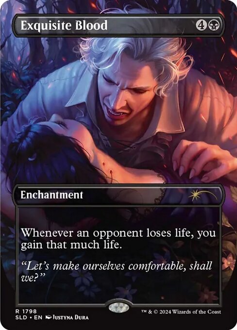 ManaSpawnx's tweet photo. Exquisite Blood + Sanguine Bond: life gain → Bond drains → Blood gains → loop to 0. Bracket 4 Optimized (not 1–3).

SL arts (Astarionu’s Thirst): Blood SLD #1798 ~$58 · Bond #1799 ~$29 Scryfall USD (~$87 pair, volatile) vs cheaper regulars.
#MTG #Commander https://t.co/Avo8PJTBH5