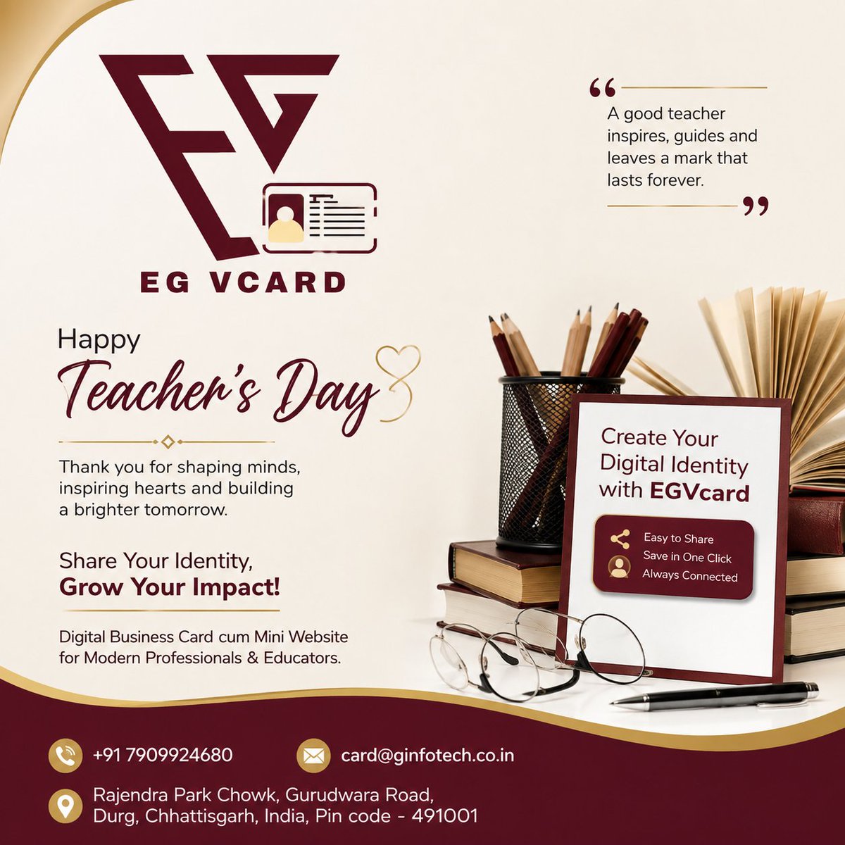 egvcard's tweet photo. Happy Teacher’s Day!

Easy to Share | Save in One Click | Always Connected
📞 +91 7909924680
✉️ card@ginfotech.co.in
🌐 https://t.co/ejByIuPQPW

📍 Rajendra Park Chowk, Gurudwara Road, Durg, Chhattisgarh, India – 491001 https://t.co/dzptx0Vb5U