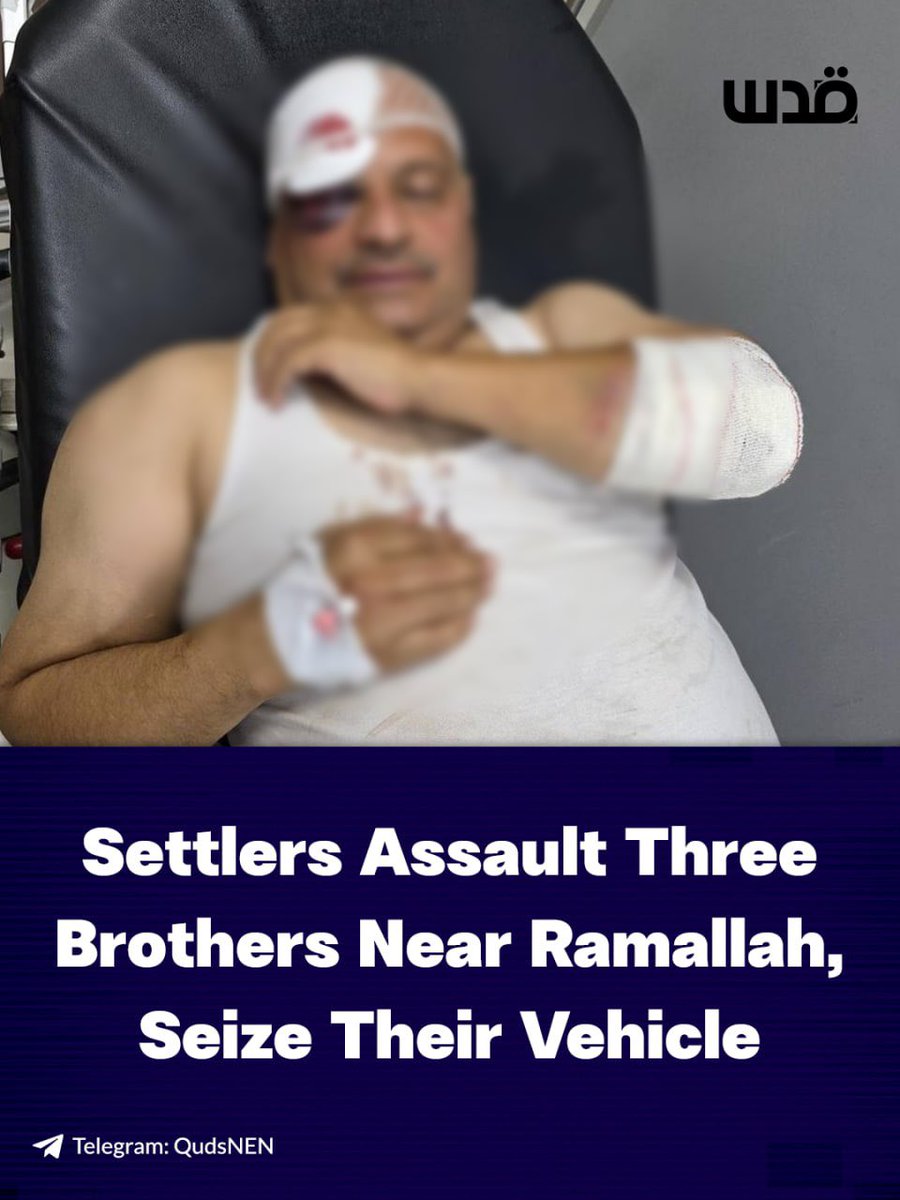 QudsNen's tweet photo. Israeli settler militias assaulted three brothers yesterday between the villages of Al-Mughayyir and Abu Falah, north of Ramallah, and seized their vehicle. https://t.co/ZabW38shX2