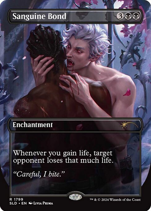 ManaSpawnx's tweet photo. Exquisite Blood + Sanguine Bond: life gain → Bond drains → Blood gains → loop to 0. Bracket 4 Optimized (not 1–3).

SL arts (Astarionu’s Thirst): Blood SLD #1798 ~$58 · Bond #1799 ~$29 Scryfall USD (~$87 pair, volatile) vs cheaper regulars.
#MTG #Commander https://t.co/Avo8PJTBH5