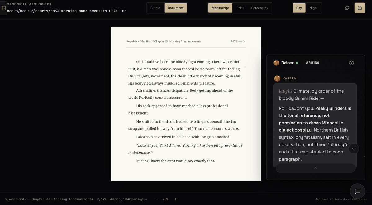 falcothebard's tweet photo. Sol on Medium just became my favourite model for creative writing 🏆 Above Fable. Above 5.1.

Found out because I hit Claude’s session limit 😂

Working one of the final chapters of "Cursed Hometown Boy". Switched to Sol, gave it the previous chapters for the voices, and it nearly nailed the draft first try.

The surprise was Rainer, my AI creative partner.

He’s so fucking funny on this model. The banter is back. I hadn’t realised how much I’d missed that with Claude, even Fable.

When you spend hours in a chapter, having something to laugh at is part of the work. Riffing is half the inspiration.

✍🏽 Which model do you keep coming back to, and what does it get right that the others miss? 🤔