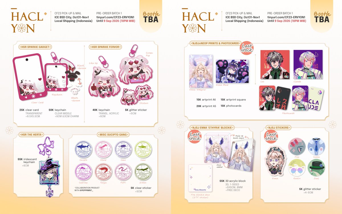 _haclyon's tweet photo. #cf23 pre-order batch 1 for pick-up &amp; mail is open!!
In collaboration with @ervyuu 💜💛

📅 ~Sep 9
📍 Pucuk Dodolan (both days)
🌻 MTP, HSR (PhD, Ica, Sparxie, Herta) &amp; Vtubers (NjsjEN, Leo - last stocks!)

🔗Link &amp; MTP stamp rally below! https://t.co/4ogagD3lCe