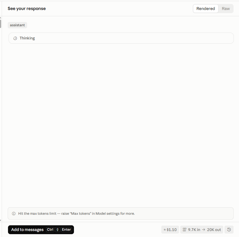phagmob's tweet photo. Claude Fable 5-1 costed me $2, first there was an error so I retried and 2nd time I got this error. Hit the max tokens limit — raise “Max tokens” in Model settings for more. and there you go $2 gone without any answer. #CLAUDE #fable5 #claudeapi https://t.co/Og35Lluy9B