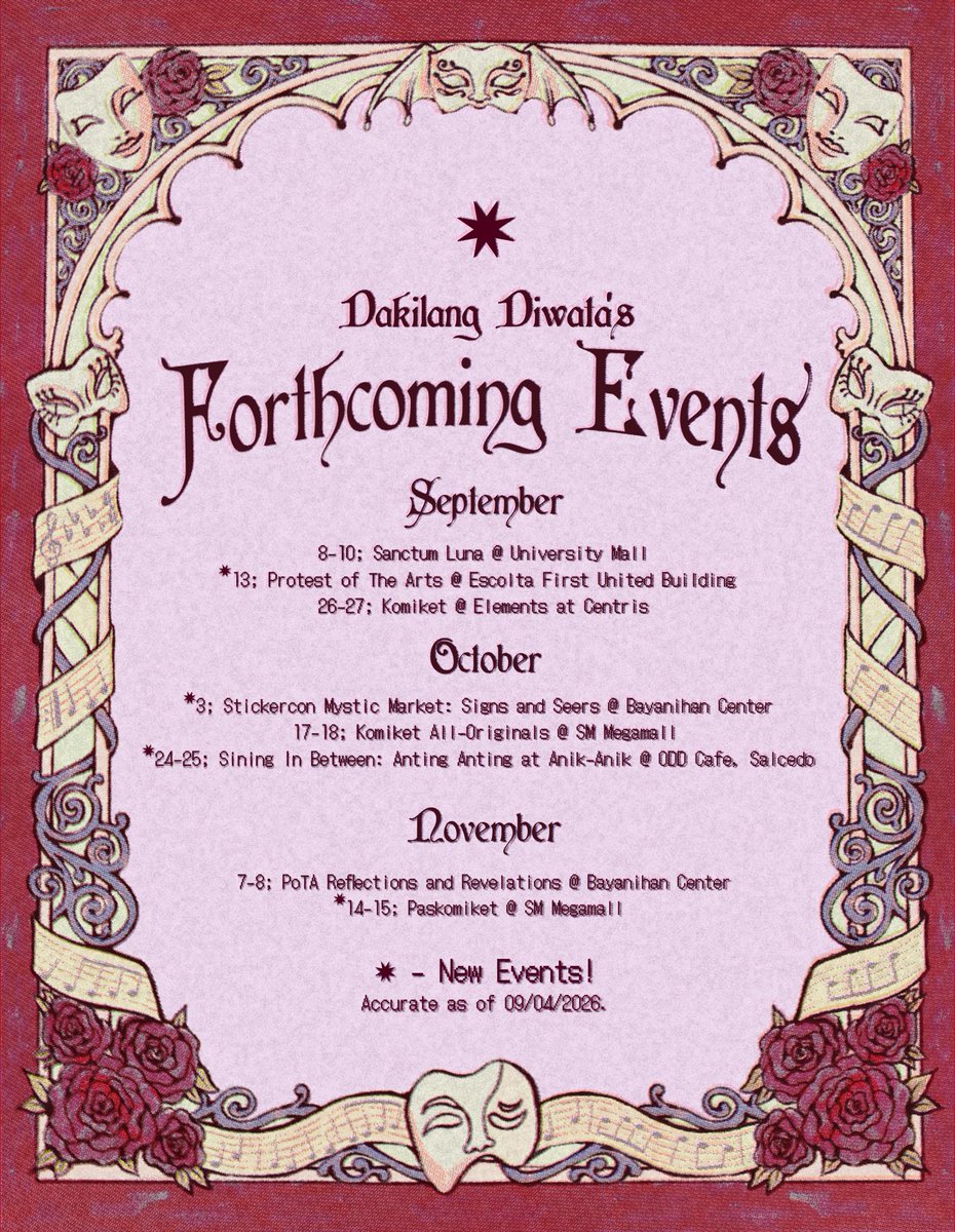 dakilangdiwata's tweet photo. ✷ Dakilang Diwata's Updated Forthcoming Events! ✷

I will be terrorizing FOUR new events in the upcoming months!!  Get ready to be sick of me!! I've been cooking up some new things >:] See you at Sanctum Luna and Protest of The Arts next week! 😘🥰 #artph https://t.co/wtHt7lcuaX