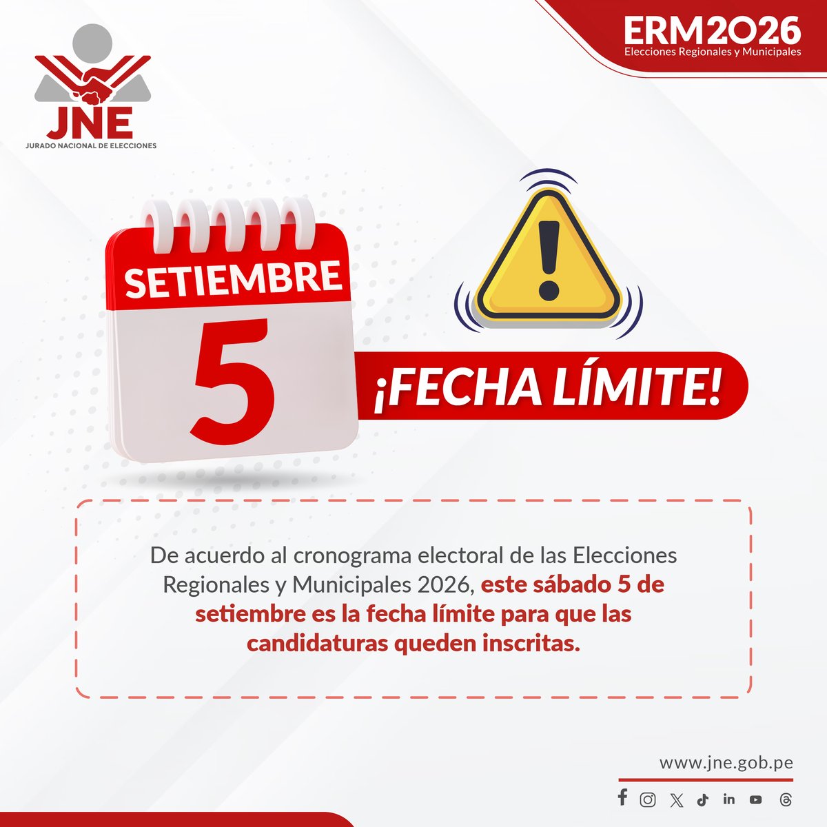JNE_Peru's tweet photo. #CronogramaElectoral | #ERM2026🗳️
Hoy sábado 5 de setiembre es la fecha límite para que las candidaturas queden inscritas, en el marco de las Elecciones Regionales y Municipales 2026. https://t.co/FnMGFTdzpj