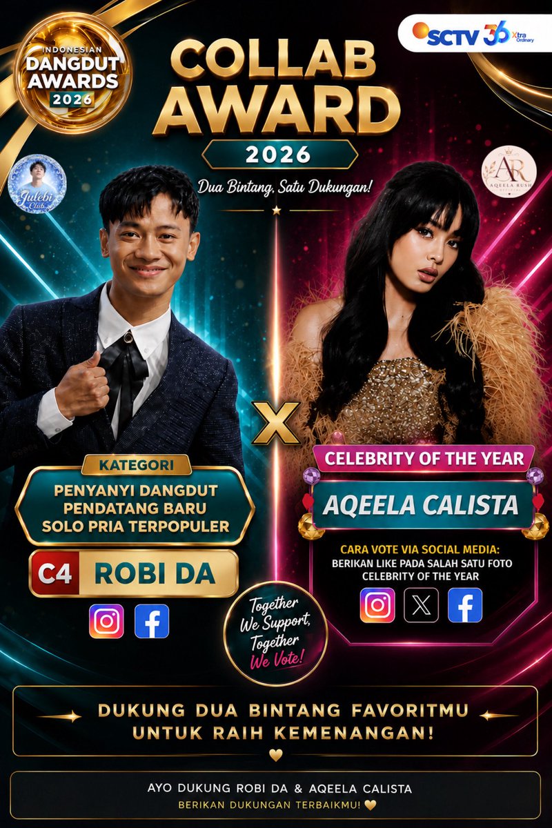 nishaauni's tweet photo. COLLAB AWARD 2026 🏆

Dua bintang, satu sokongan! ✨
ROBI DA × AQEELA CALISTA 💙🩷

Jom sama-sama berikan sokongan terbaik untuk dua bintang kesayangan kita! 🔥
Semoga Robi Da &amp; Aqeela Calista terus bersinar dan meraih kemenangan! 🏆✨

DUKUNG • VOTE • SUPPORT https://t.co/rXD4aScjL0