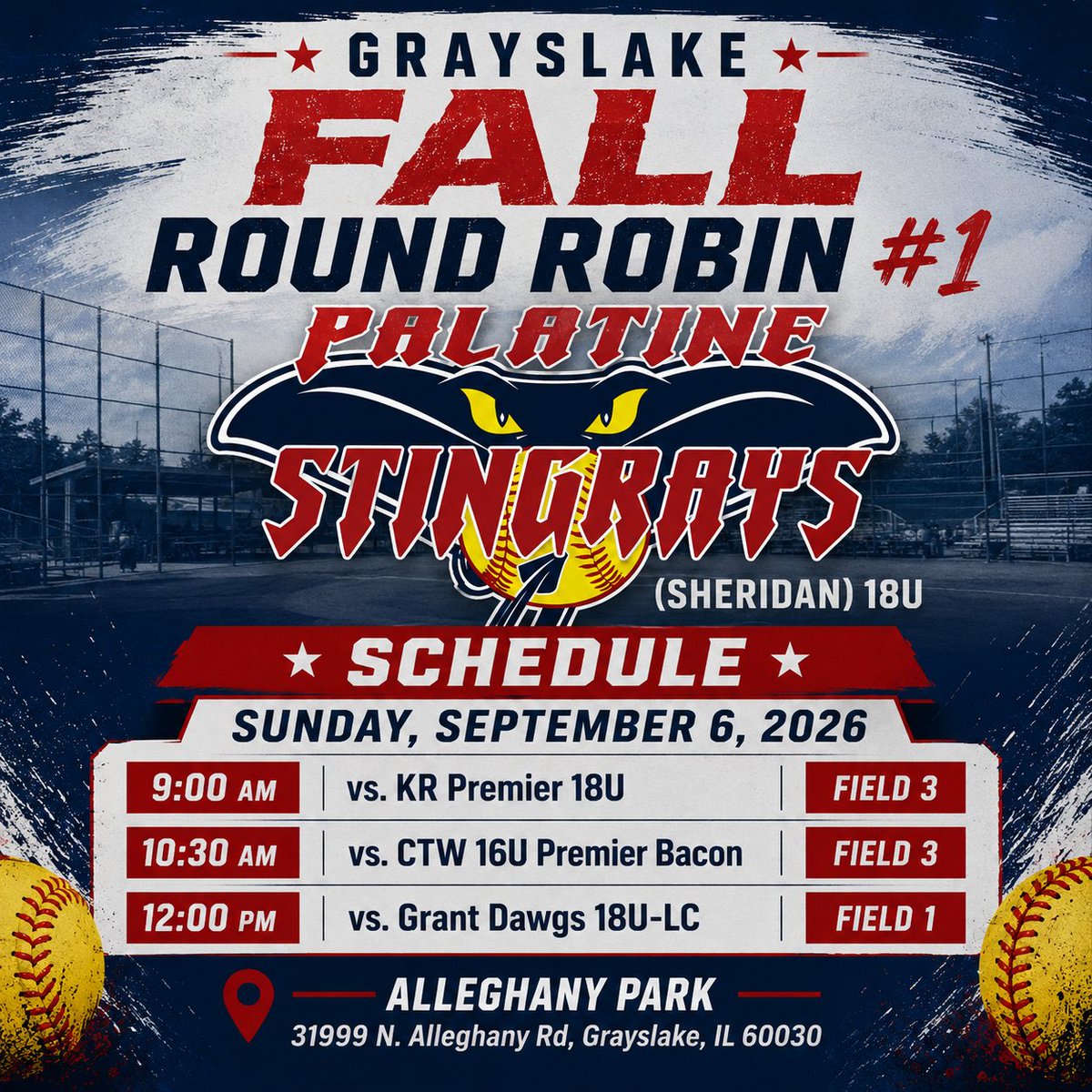 08Stingrays's tweet photo. Looking for something to do this Labor Day weekend?  Come check us out on Sunday for a RR at Alleghany Park in Grayslake. After starting off the fall season 2-1 last weekend, we look to continue our strong play against some solid competition. Hope to see you there! https://t.co/Gir986hzNo