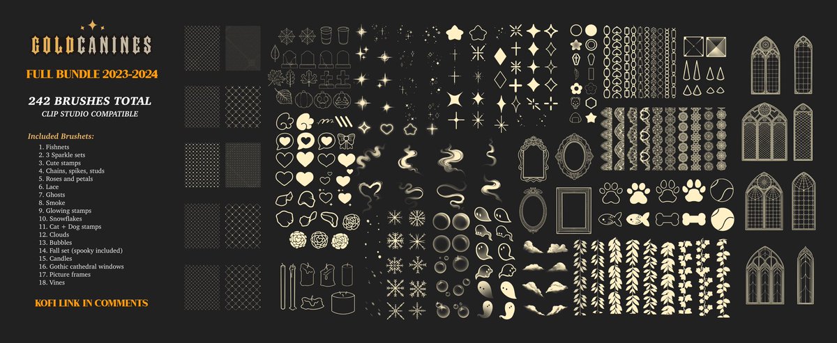 GoldCanines's tweet photo. Clip Studio Brushset MASTER bundle! 

⋆⁺₊⋆ ━━━━⊱༒︎ • ༒︎⊰━━━━ ⋆⁺₊⋆
     
⭐️ Includes 242 brushes - all I have made over the past few years!
Converted from my previous procreate brushes! 🎉 

✨💲7️⃣.0️⃣0️⃣ only!

K o f i  🔗 ⬇️ https://t.co/NuFxyoRTHY
