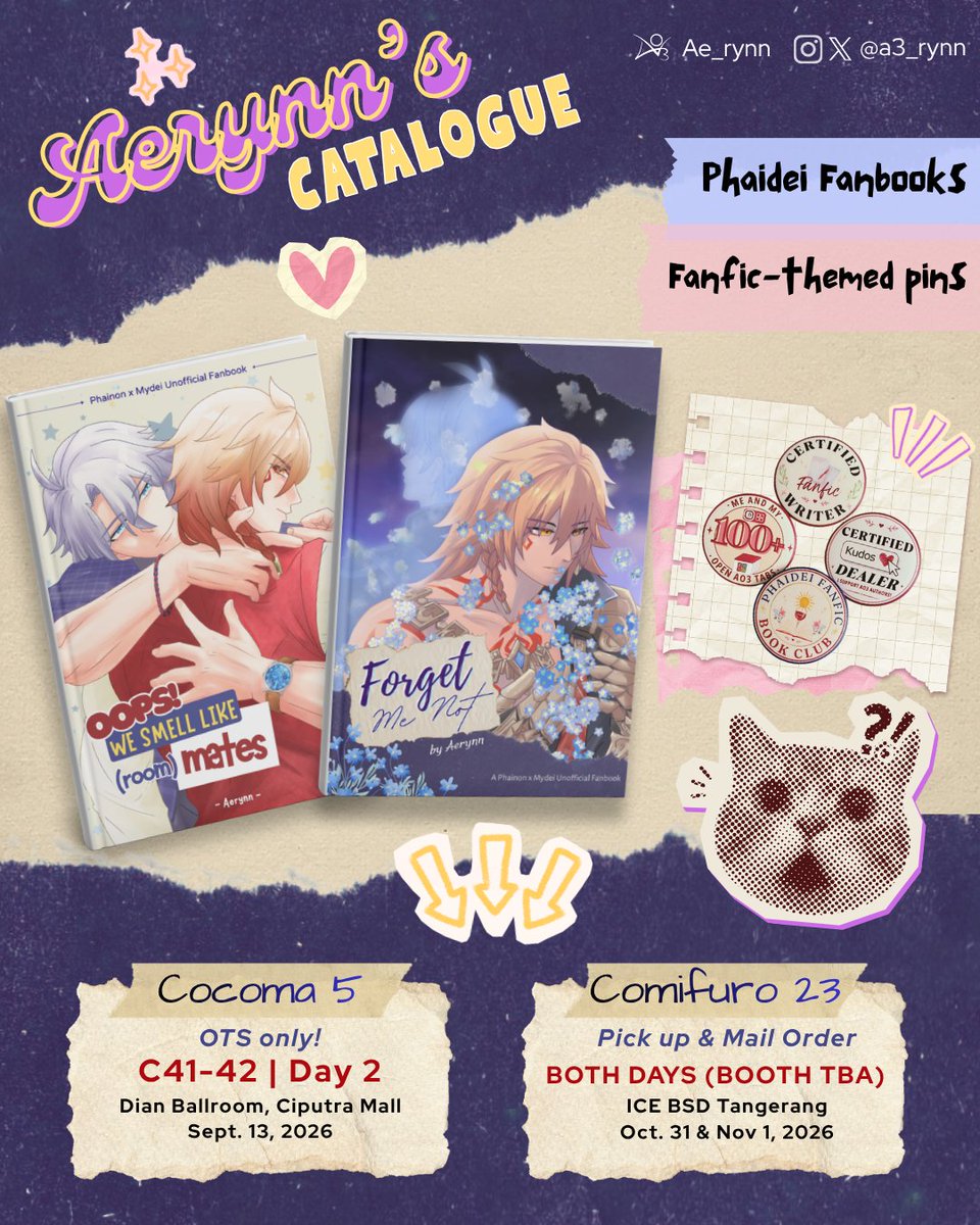 a3_rynn's tweet photo. (1/2)
[💖&amp;🔁 greatly appreciated!]  

My #Phaidei fanbooks &amp; fanfic-themed pins are here! 

𝗖𝗢𝗖𝗢𝗠𝗔 𝟱 : 𝙊𝙏𝙎 𝙤𝙣𝙡𝙮!
𝗖𝗙𝟮𝟯 :
📍 Circle: Rumah Bersalin Omega (both days)  
📅 PO Period 5 Sep - 4 Oct '26
📨 local 🇮🇩 only  

#cocoma #cocoma5 #CF23 #Comifuro23 https://t.co/gCIuJDJl1I