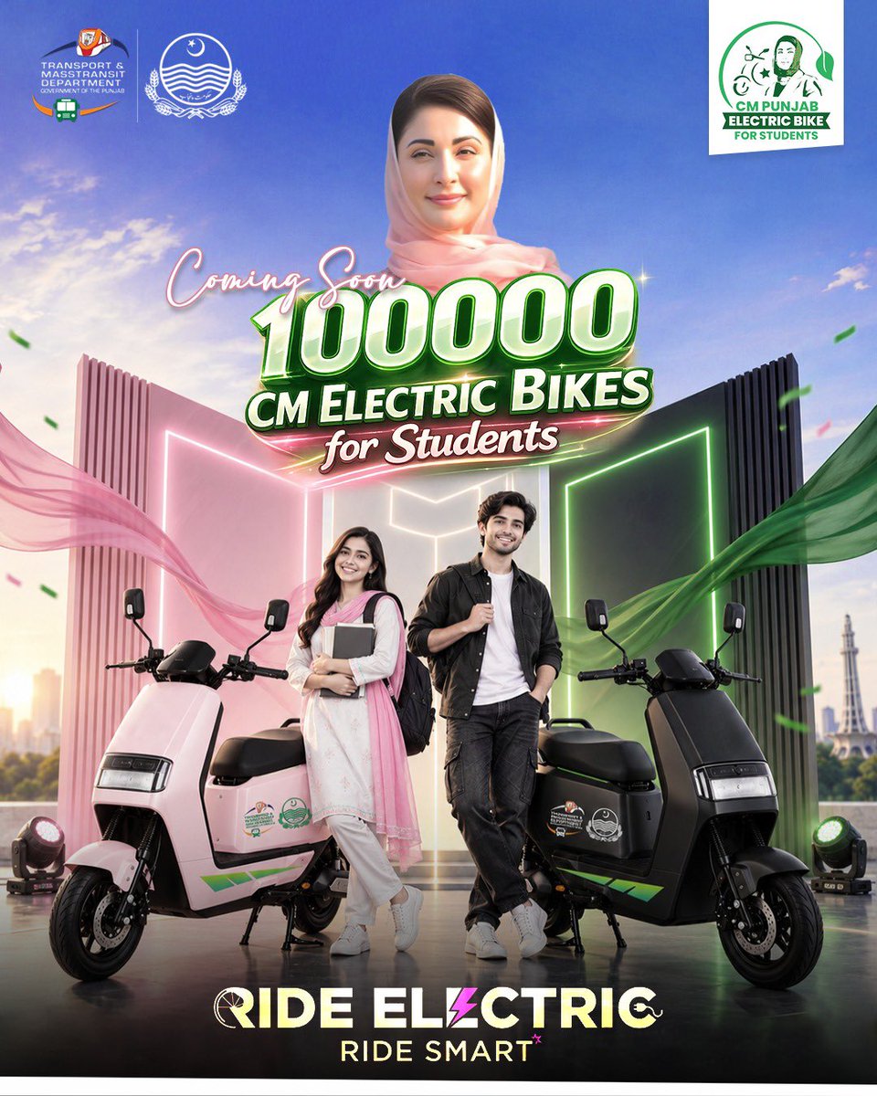 MaryamNSharif's tweet photo. As promised, applications for the CM electric bikes have been opened today. Students from govt &amp; private schools, colleges, medical and vocational institutes, and universities across Punjab can now apply to :

https://t.co/27TdLXEwi7 https://t.co/pbwIZ26TmE