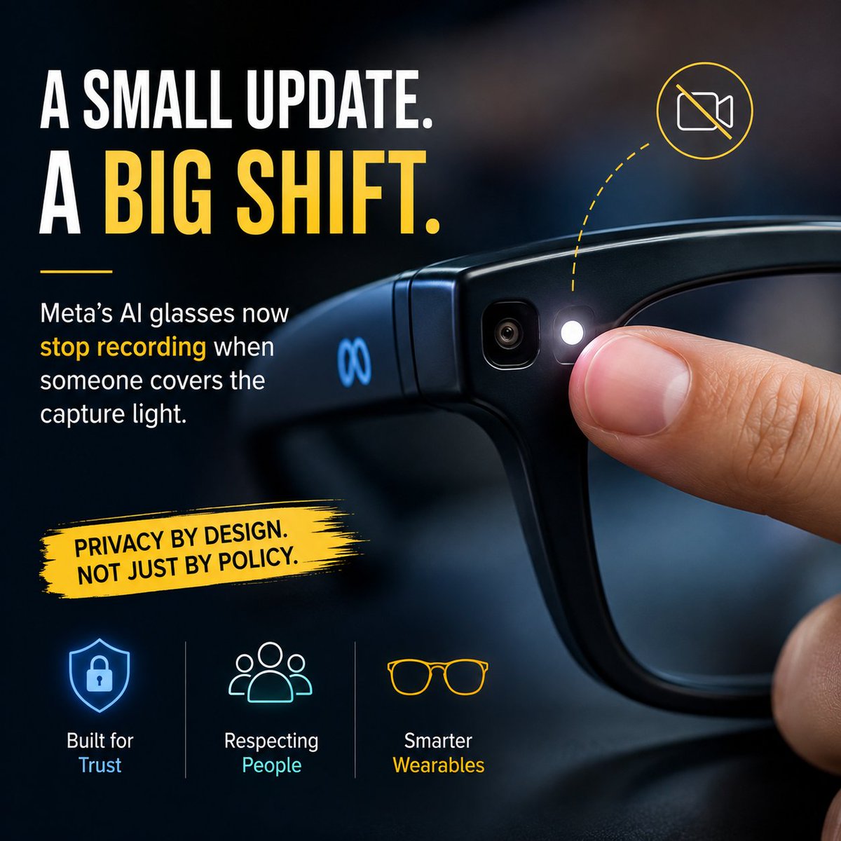 miraa_AIx's tweet photo. AI glasses are getting a quiet privacy upgrade

Meta’s latest update stops recording when someone covers the capture light.

Small feature. Big message.

Privacy isn’t just a policy problem anymore.

It’s becoming part of the product design. https://t.co/mconPVG9bk