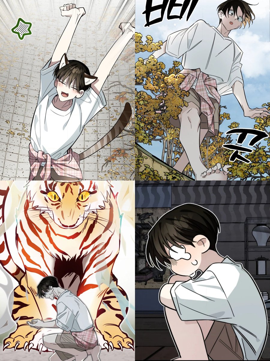 Aleyeomin's tweet photo. Yumin went out to have a kitty moment by himself 🤭❤️🐈 but he ends up falling from a cliff by accident 🥹 he sees a big kitty (tiger) before finding a shelter &amp; wait for Taejun to come for him 🥹 https://t.co/YuuqoiR5BK