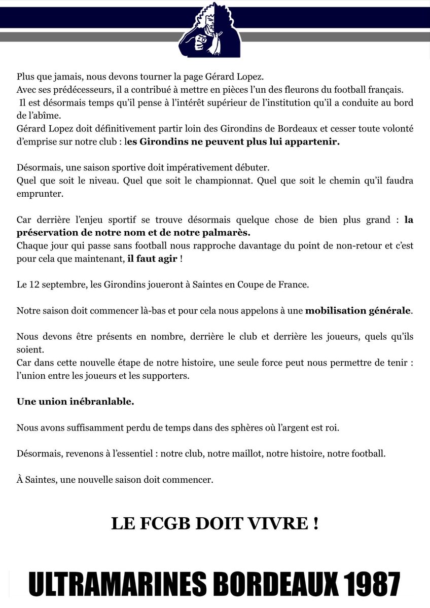 Honneur_FCGB's tweet photo. Merci les @ub87officiel, ça fait du bien de (re)lire que vous souhaitez voir Lopez dégager. Maintenant, on attend votre communiqué disant que « la direction collégiale actuelle des UB passe la main à une nouvelle équipe ». Avec Lopez loin c’est bien, avec Brunet loin c’est mieux. https://t.co/OCQa7sziXT