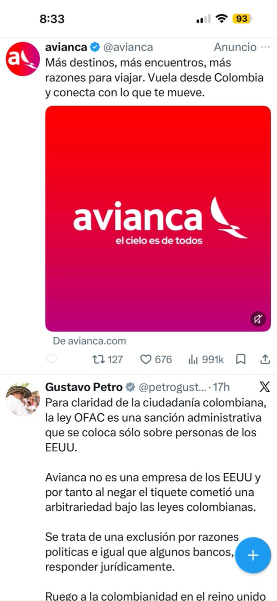 FisicoImpuro's tweet photo. Miren esta hermosura: aparece el trino de Petro criticando a Avianca y encima una publicidad de la aerolínea pagada a X. Se nota que se dieron cuenta de la cagada y están en la etapa de control de daños. Yo no soy de viajar mucho en avión, pero cuando me toque, no lo haré con esa aerolínea.