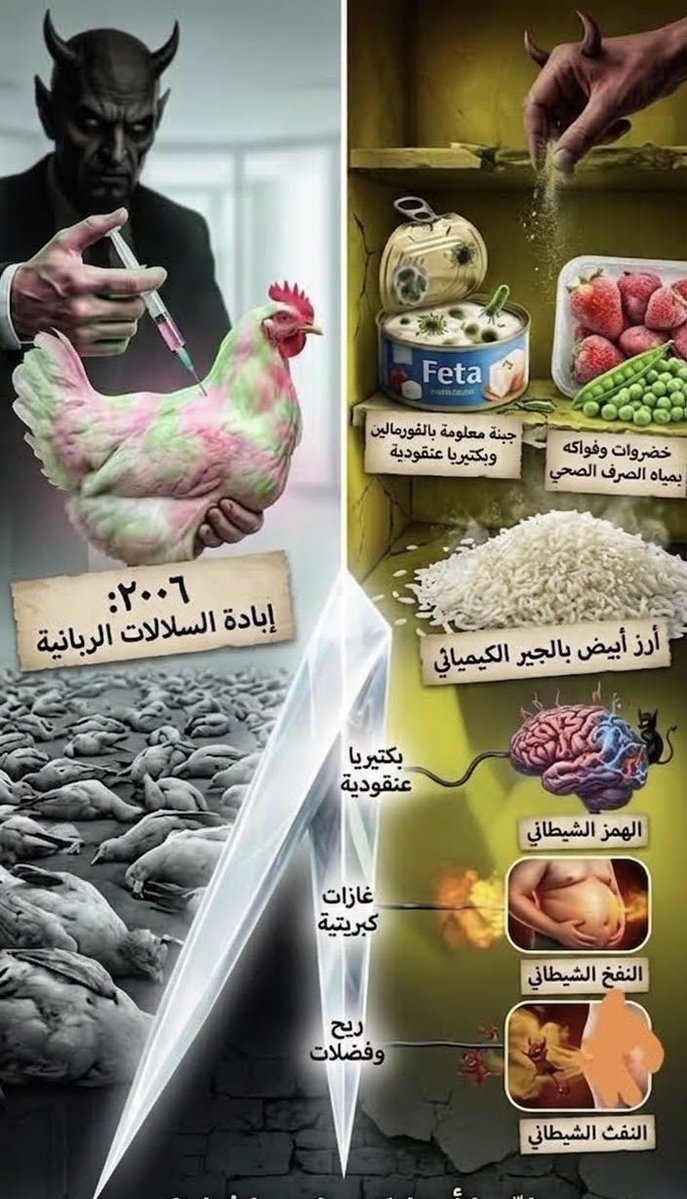 bri8trose's tweet photo. هل كان الدكتور ضياء العوضي يعلم بسر�� تقرير ٢٠١٧ المرعب؟ 

أم أنه كان يصرخ في الوادي وحده؟ 

طالما تكرر السؤال التاريخي في عقول الملايين: 
"لماذا كان الدكتور ضياء العوضي يشن حرباً شرسة على أطعمة أصلها حلال؟ 
لماذا يمنع الدجاج والخضروات والمنتجات المصنعة؟".. 

ظنّ البسطاء يومها أنها مجرد "تشدد غذائي"، بينما كانت المنظومة تخفي الجريمة الأكبر في تاريخ البشرية البيولوجي!

وثائق رسمية وروايات صادمة تثبت أن المؤامرة أكبر مما تتخيلون.

 الصدمة الكبرى.. 
تقرير ٢٠١٧ الرسمي
في عام ٢٠١٧، اهتزت الأسواق الدولية بعد تقارير رسمية صادمة من هيئة الغذاء والدواء الأمريكية (FDA) ومركز السيطرة على الأمراض (CDC) فرضت بموجبها دول عديدة حظراً شاملاً على شحنات غذائية وزراعية كشفت عن كوارث بيولوجية:

فواكه ومربيات  ملوثة بفيروس الكبد الوبائي نتيجة ري المزارع بمياه الصرف الصحي (بقايا فضلات آدمية ومجاري).

أجبان معلبة (كالفيتا) تحتوي على الفورمالين (مادة حف�� جثث الموتى) وبكتيريا عنقودية مرعبة تفرز سموماً تضرب الشبكة العصبية والعصب الحائر لتعطيل كهرباء الجسد!

خضروات مجمدة بمبيدات حشرية محظورة دولياً ومسرطنة.

أرز أبيض يُبيض بالجير الكيميائي (المستخدم في البلاط)!

كيف بدأت المكيدة؟ 
العودة إلى فبراير ٢٠٠٦ (إبادة السلالات الربانية)

إن ما حدث تحت شعار "إنفلونزا الطيور" عام 2006.. حين تم استغفال الأمة وإعدام أكثر من 34 مليون طائر بلدي!

يومها العالم يتجه نحو المزارع الكبيرة؛ لأنها يمكن السيطرة عليها..  و  التخلص من فكرة تربية الدجاج على أسطح المنازل .

النتيجة الكارثية كانت: 

انهيار السلالات الربانية الطبيعية ذات المناعة الصلبة، وخسارة مليون عامل لوظائفهم، وإجبار الشعوب على استهلاك "الدجاج الهجين" المحقون بالهرمونات والمبيدات والسموم.. سلالات ممسوخ�� صُممت خصيصاً لتدمير جدار أمعائكم!

منعوا عنكم الطيبات الربانية في 2006، ليُجبروكم على استهلاك السموم الملوثة بالبكتيريا وفضلات المجاري في 2017!

كل ما ذكر موجود في تقارير 2017 عن المنتجات "المُصَدَّرَة" – التي يُفترض أنها الأعلى جودة وفحصاً..

الدكتور ضياء العوضي لم يكن يمنع الدجاج والمنتجات لأنها حرام، بل لأن المنظومة لوثتها لتتحول أمعاؤكم الغليظة إلى مستنقع كبريتي حار ورطب (وهو طعام الشيطان المفضل وبيئته للتكاثر)، لتنطلق قذائف الاستحواذ الثلاثية في أجسادكم:

هَمْزُهُ: العبث بالإشارات العصبية (بفعل سموم البكتيريا العنقودية) ليحدث الوسواس والصرع والاكتئاب.

نَفْخُهُ: الغازات الكبريتية والانتفاخات وضيق التنفس (الخنقة).

نَفْثُهُ: خروج الريح الحار المحمل بالأجنة والبيوض المؤذية.

الحرص واجب، والوعي سلاح، والأدلة أمامكم والخلل المعوي هو ��وابة الاختراق!