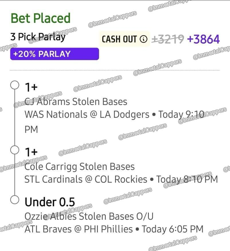 ImmortalCappers's tweet photo. ANOTHER ONE! Why pay cappers when IMMORTAL leaks them FREE? 💸

🚨 Beat The Books Joke🚨
‼️ 3 Different Stolen Base Parlays FOR FREE ‼️

+1700, +1973, &amp; +3864! 💰🔥

Follow for more VIP leaks👀

#MLB #MLBBets #SportsBetting #Gambling𝕏 #StolenBases https://t.co/GijUKstDNZ